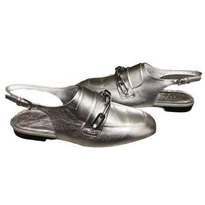 BURBERRY Cheltown‎ Metallic Silver Leather Slingback Loafers Shoes NEW 36.5 6.5
